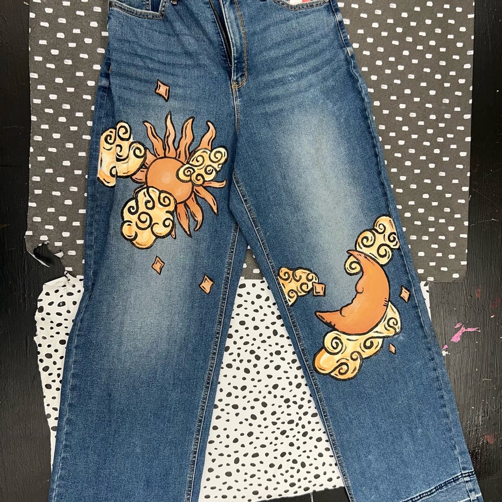 Sofia by Sofia Vergara Blue and Orange Straight Leg Jeans with Embellishments